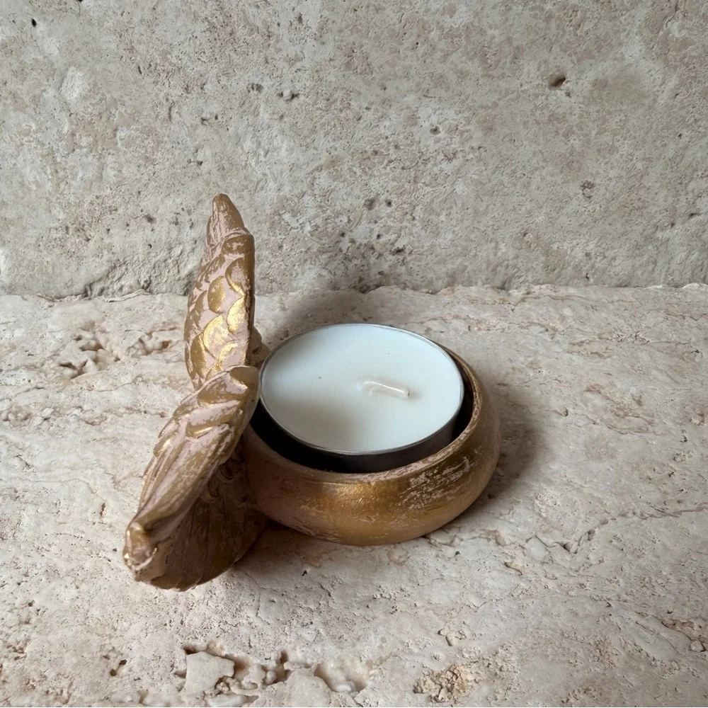 Set of 6 Gold Tone Resin Angel Wings Tealight Candle Holders | Retro Home Decor